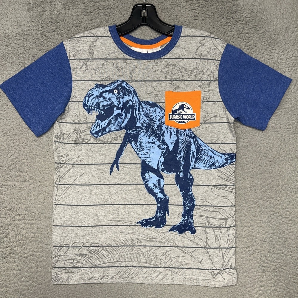 Jurassic World Tyrannosaurus Rex T Shirt Youth Sz L 10-12 Gray Blue Pockets Tee